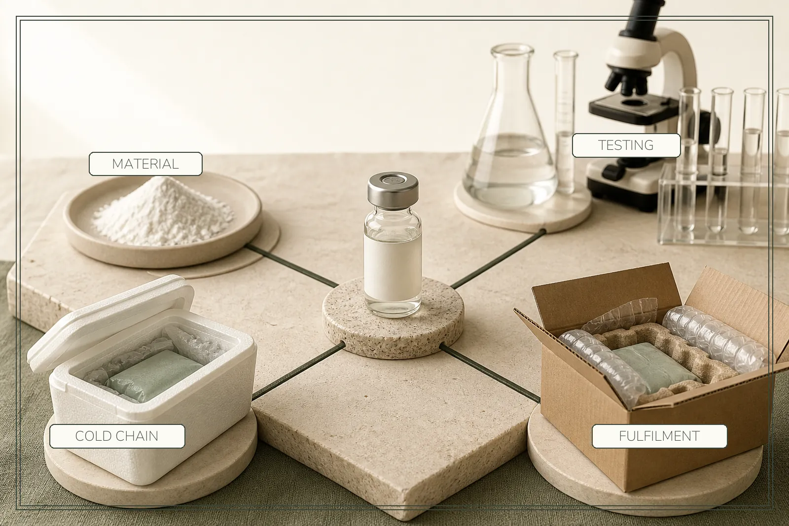 A sealed research vial connects to material, testing, cold-chain and fulfilment stations on a laboratory bench.