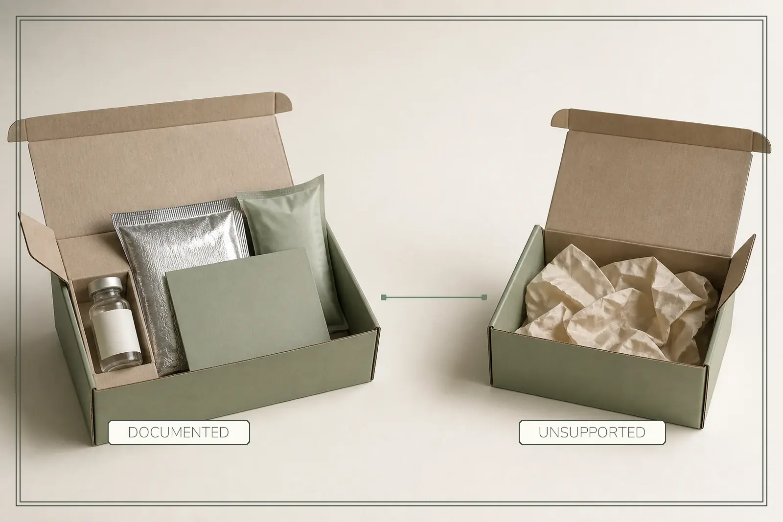 A documented parcel containing a vial, insulated pouch and cold pack is contrasted with a parcel holding only packing paper.