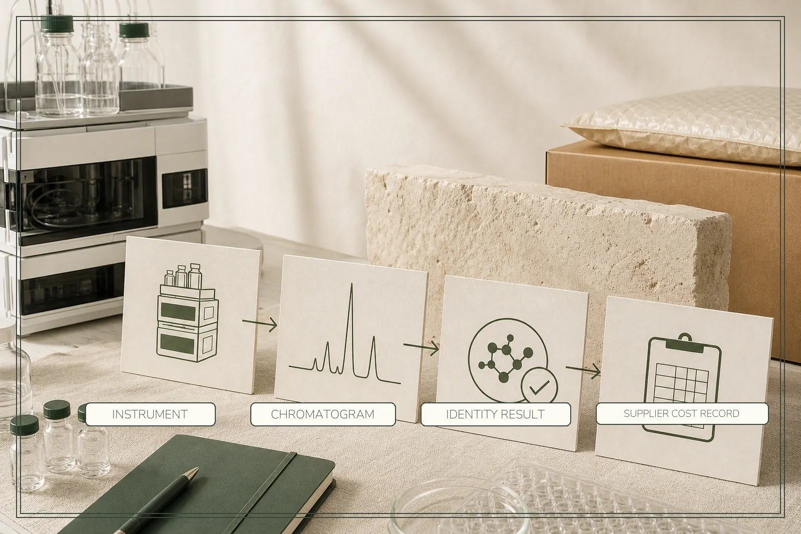 Four connected panels show an analytical instrument, chromatogram, identity result and supplier cost record.