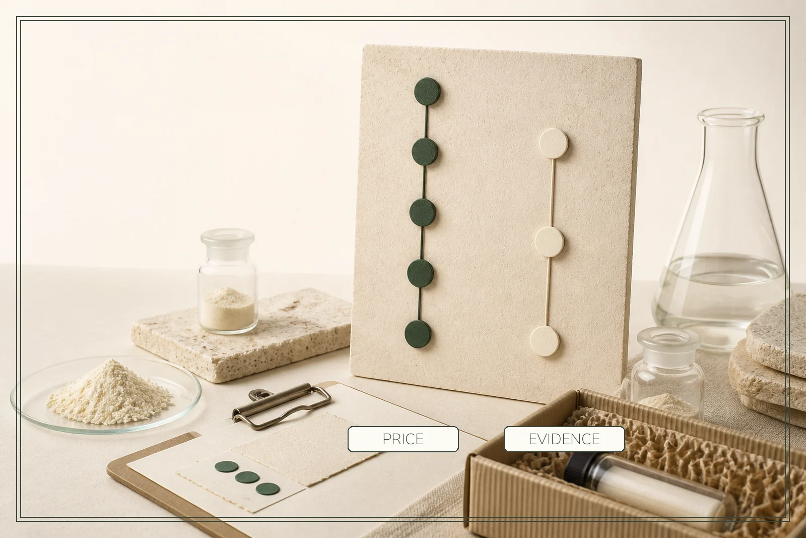 A physical comparison board shows five price markers beside a shorter track of three evidence markers.