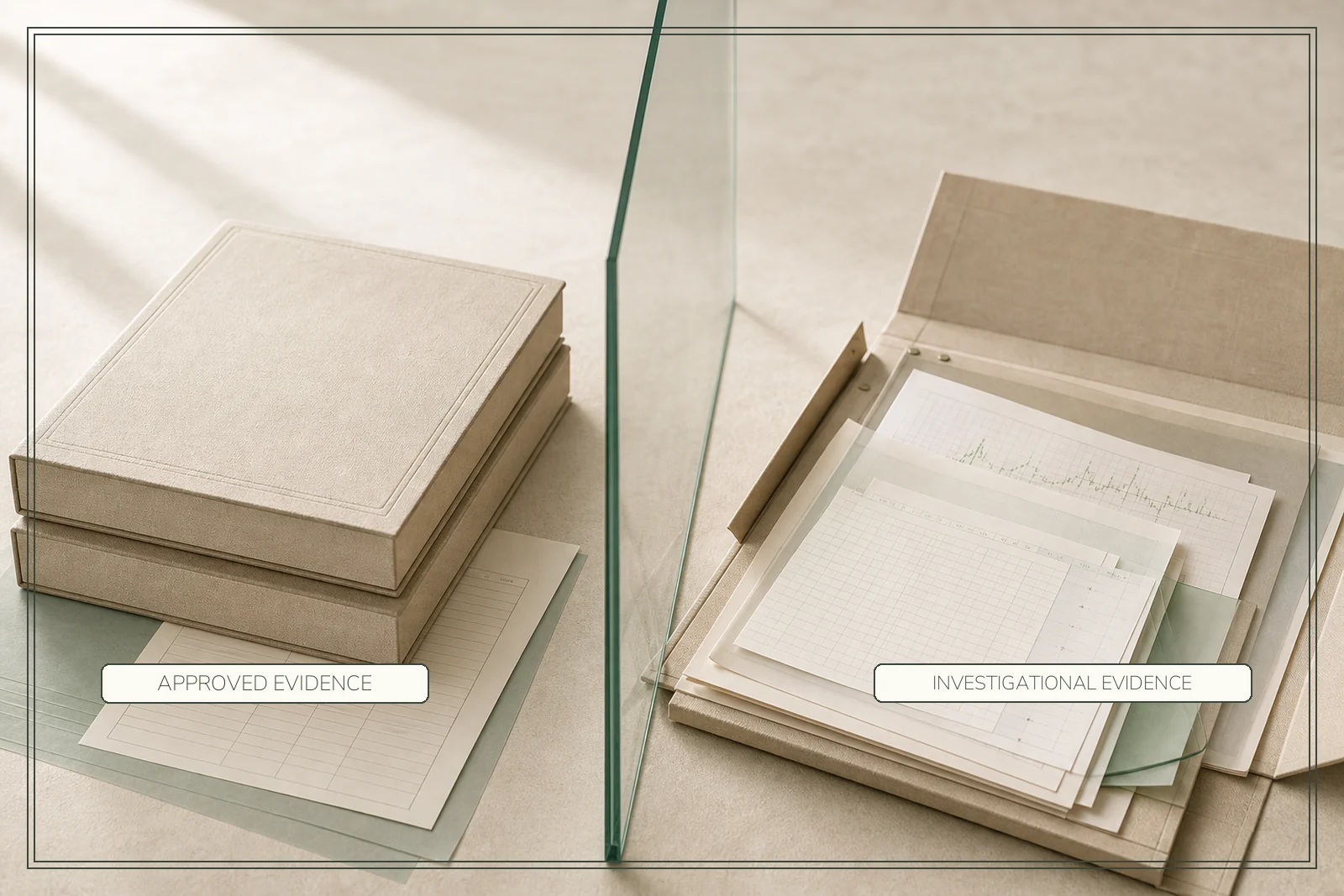 A glass regulatory boundary separates completed approved evidence files from an open investigational dossier.