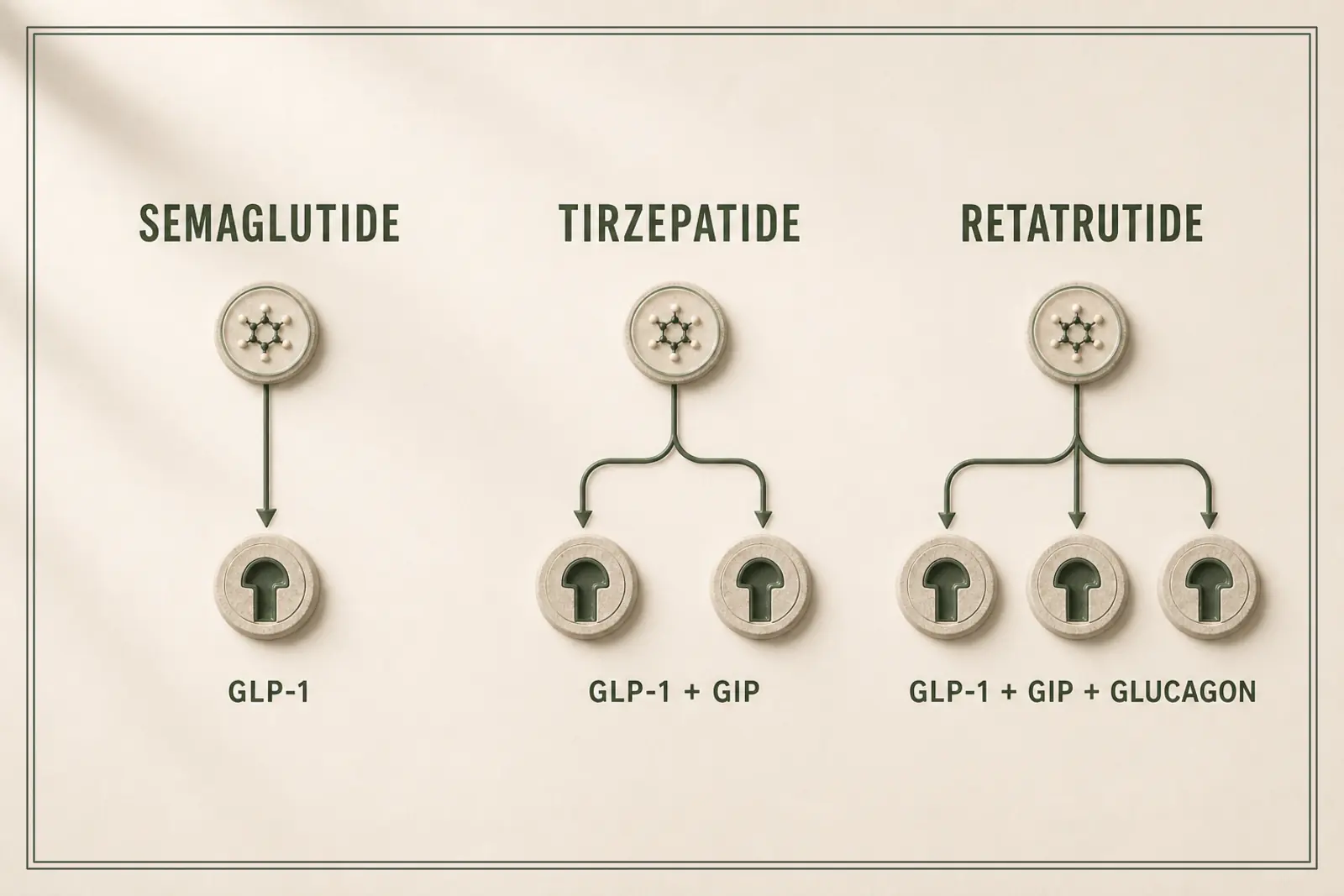 Semaglutide, tirzepatide and retatrutide models branch respectively to one, two and three receptor targets.
