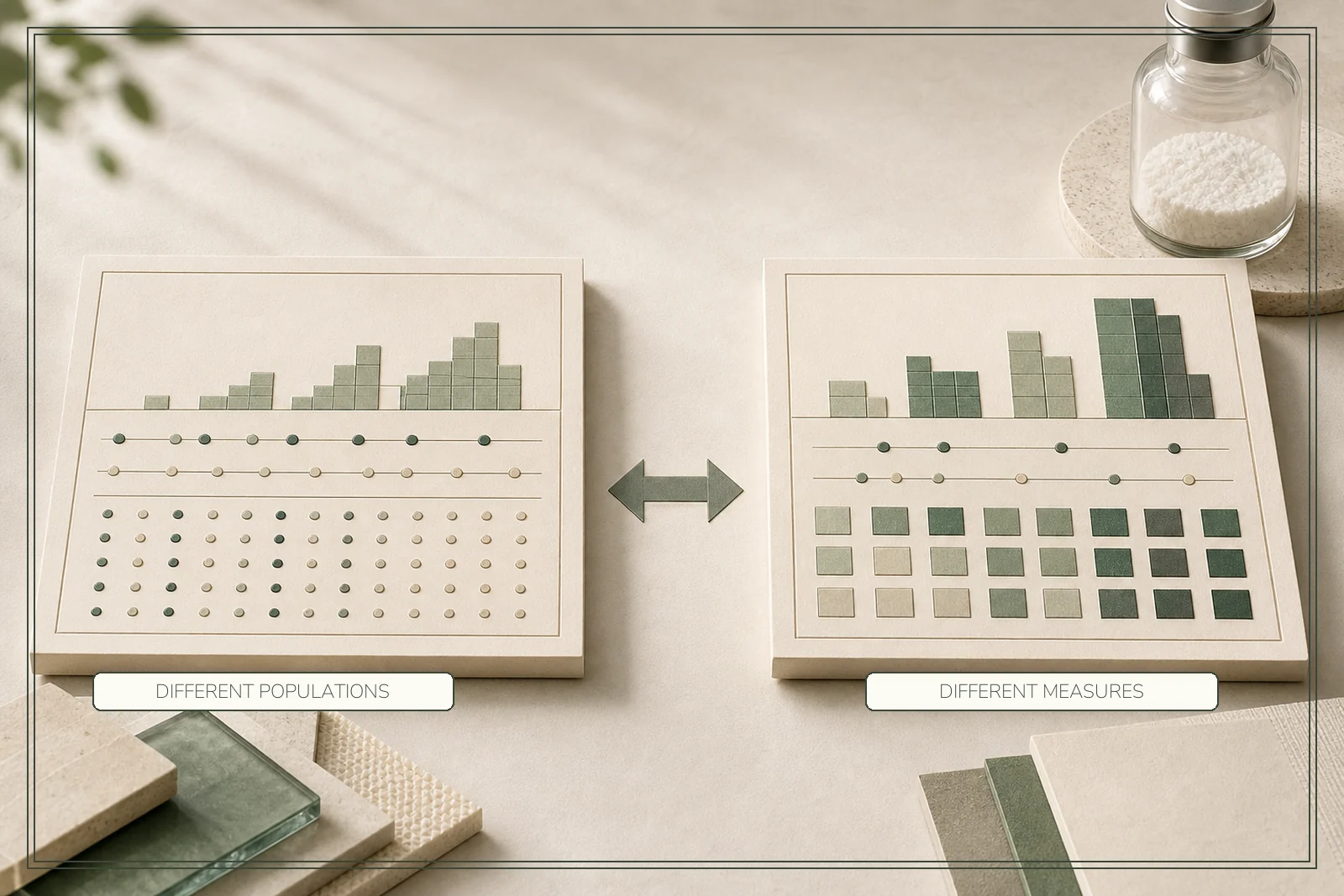 Two trial evidence panels use visibly different population patterns and measurement structures.