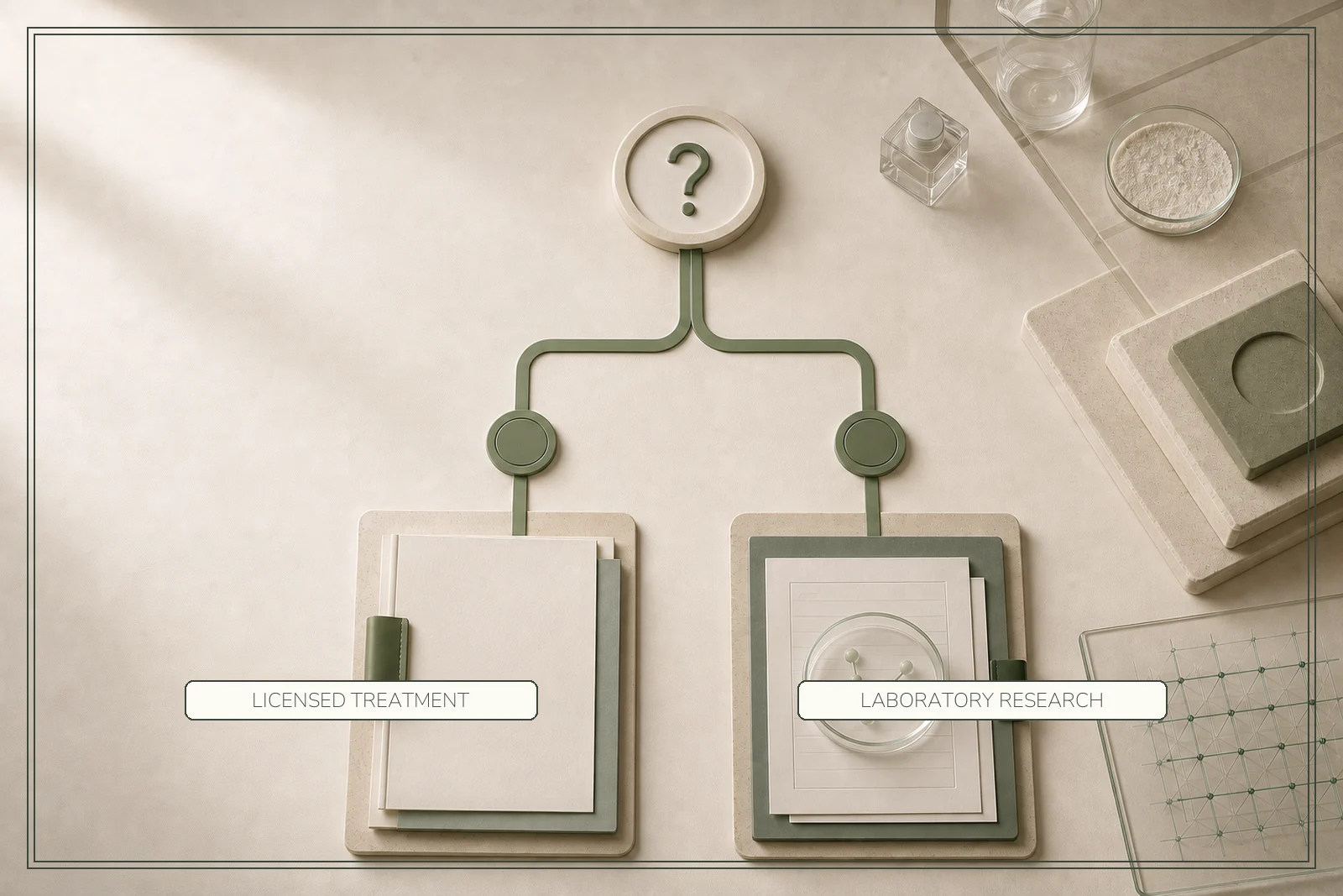 A single research question branches into separate licensed-treatment and laboratory-research evidence files.