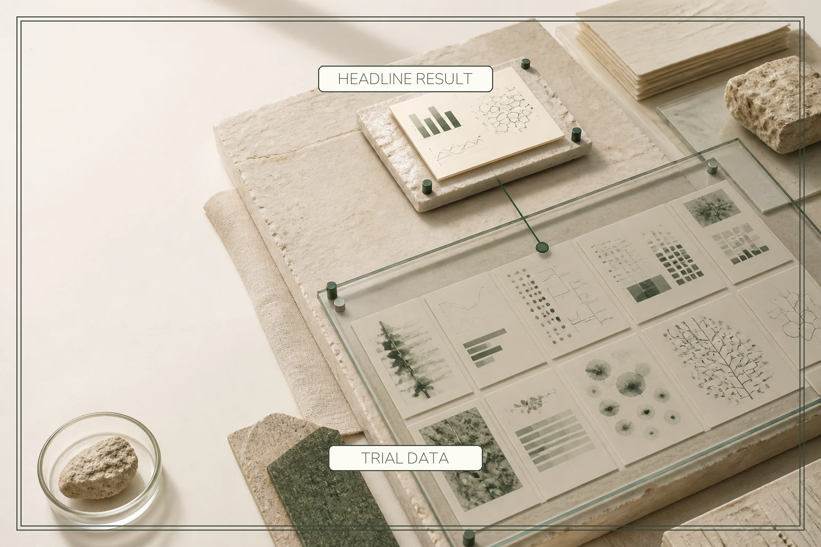 A headline-result tile is raised above a larger glass-covered field of trial-data panels.