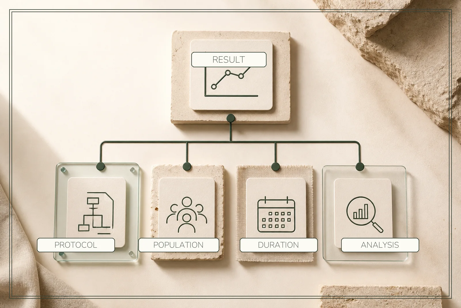 A result card connects to four separate tiles for protocol, population, duration and analysis.