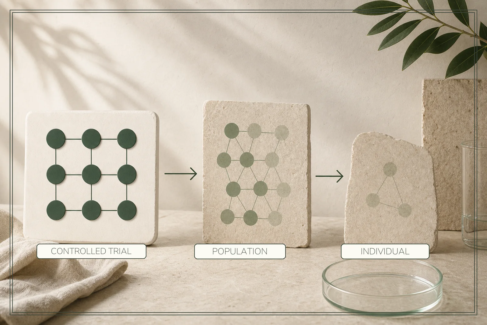 A dense controlled-trial grid becomes smaller and less complete across population and individual panels.