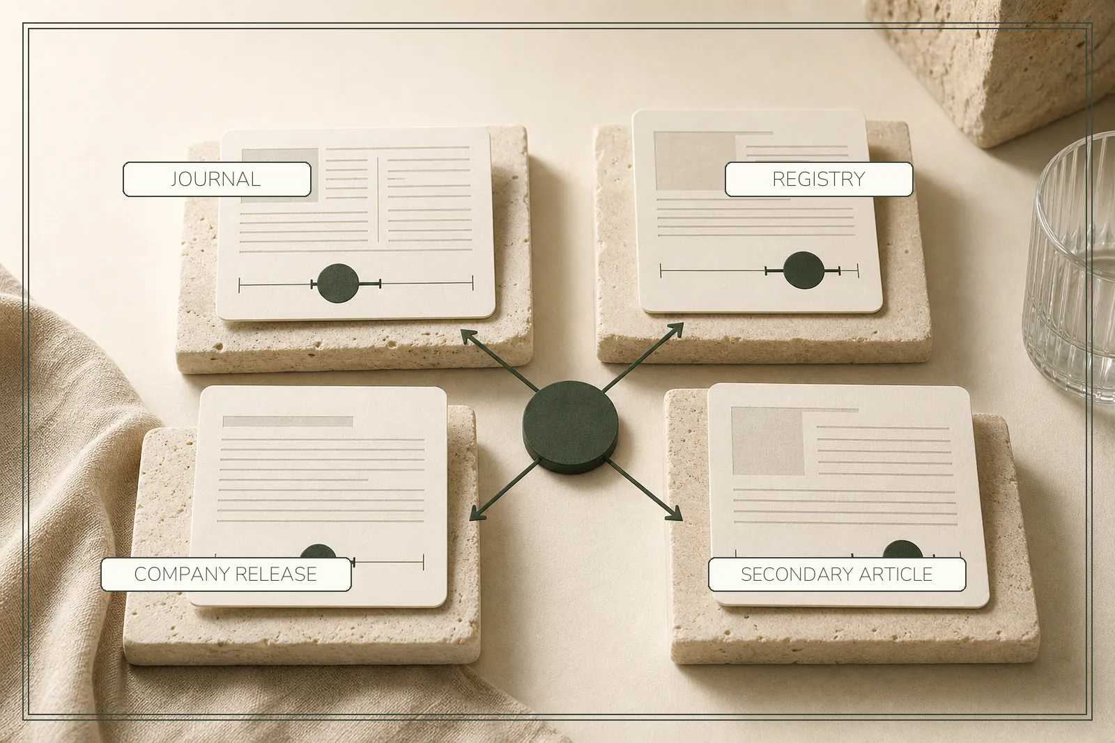 Journal, registry, company-release and secondary-article records surround a central comparison hub.