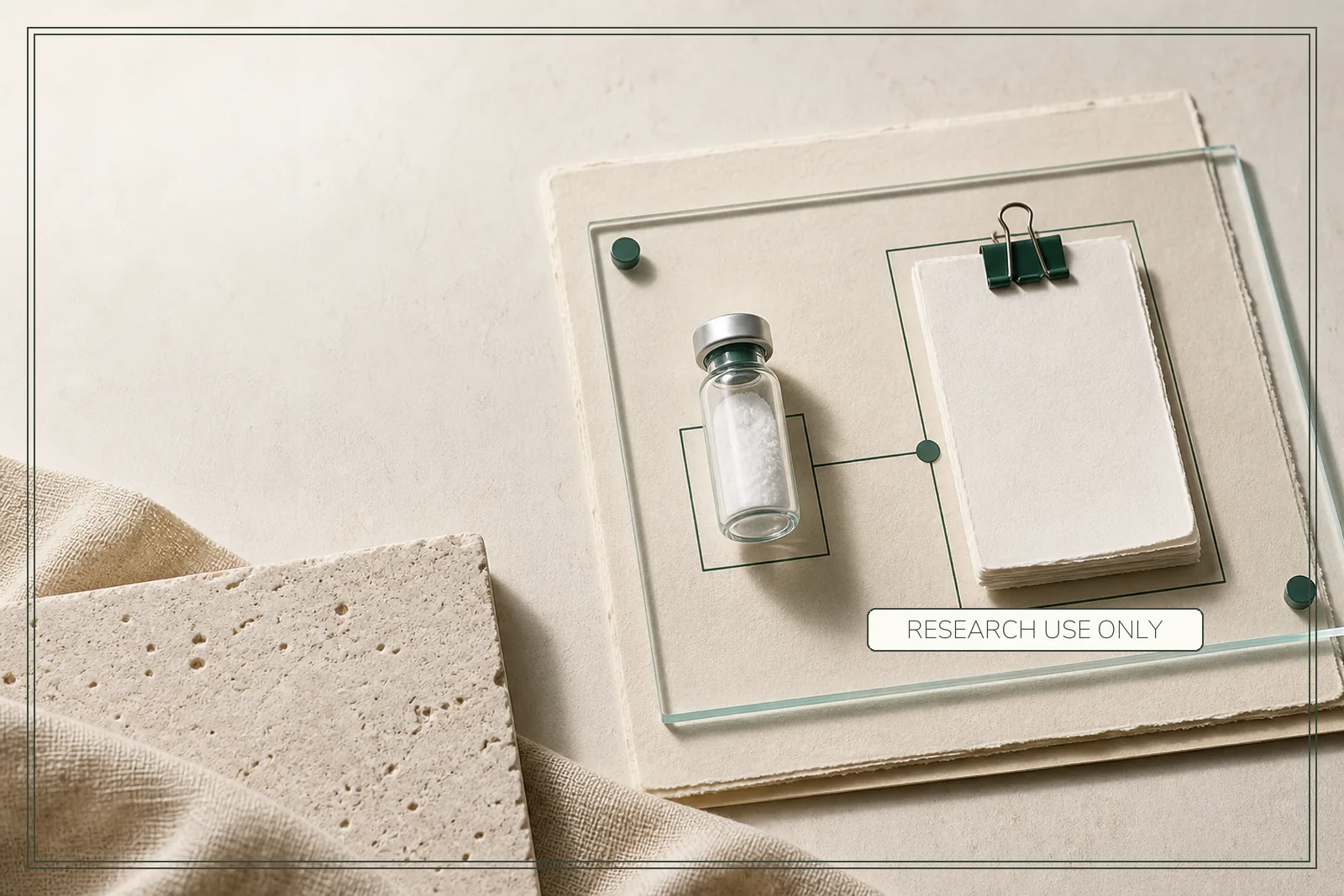 A sealed research vial and a clipped blank batch record share one outlined research-use-only evidence frame.