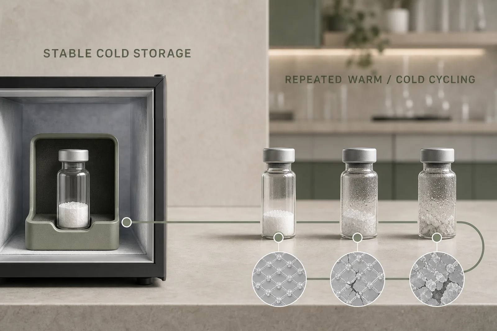 Stable cold storage preserves a reagent vial while repeated warm-cold transitions accumulate condensation and structural damage.