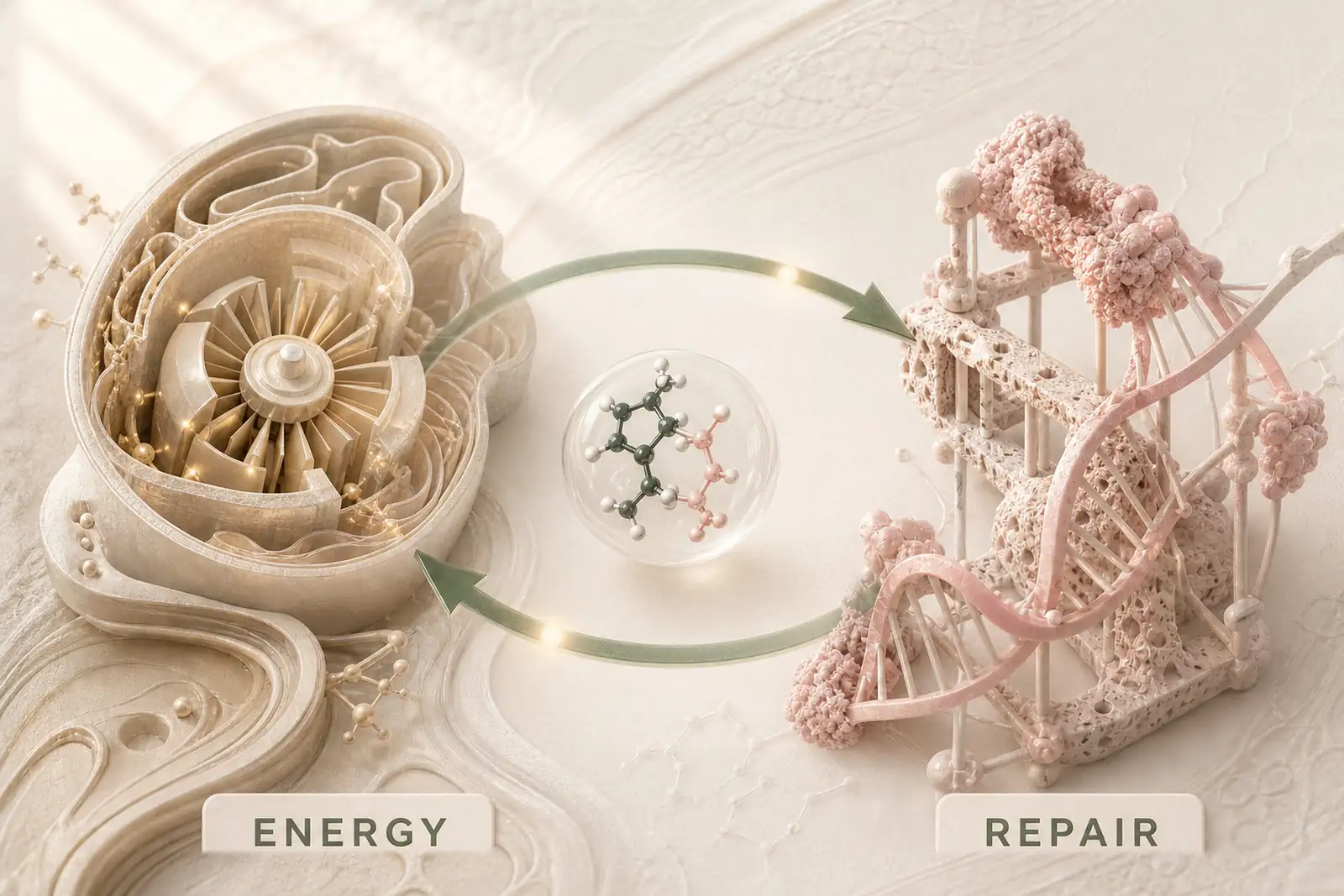 A molecular carrier loops between energy-producing machinery and a DNA repair scaffold.