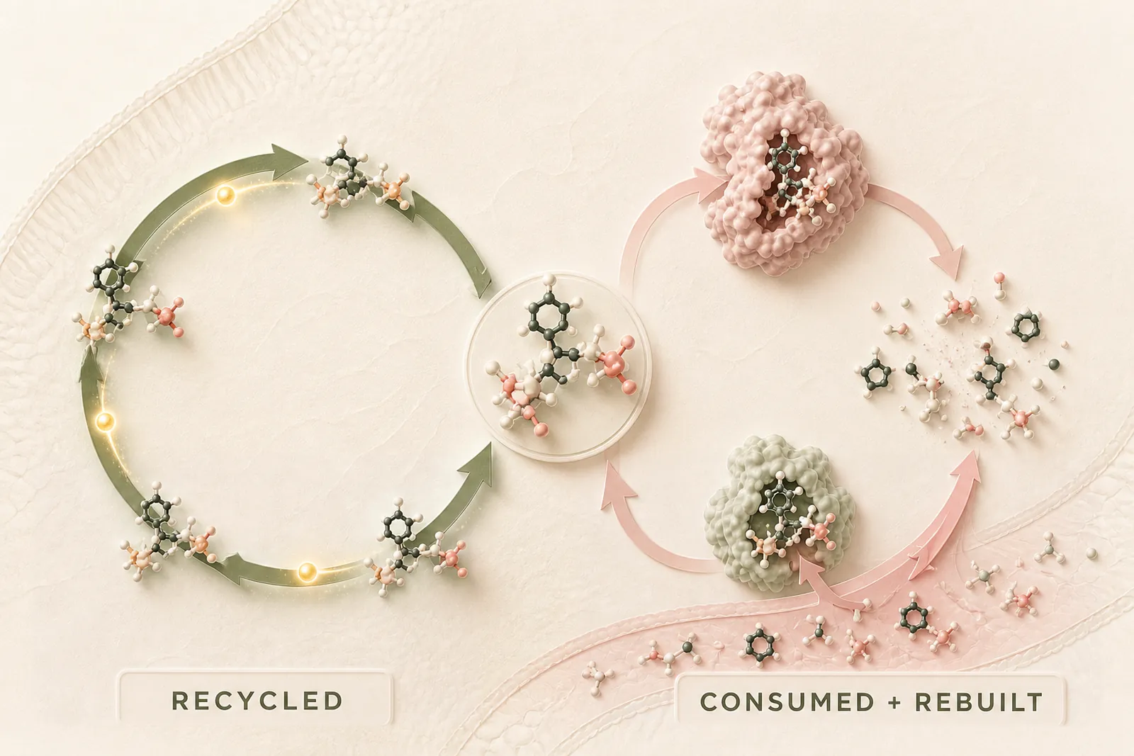 A green molecular loop recycles its carrier while a blush enzyme pathway consumes and rebuilds it.