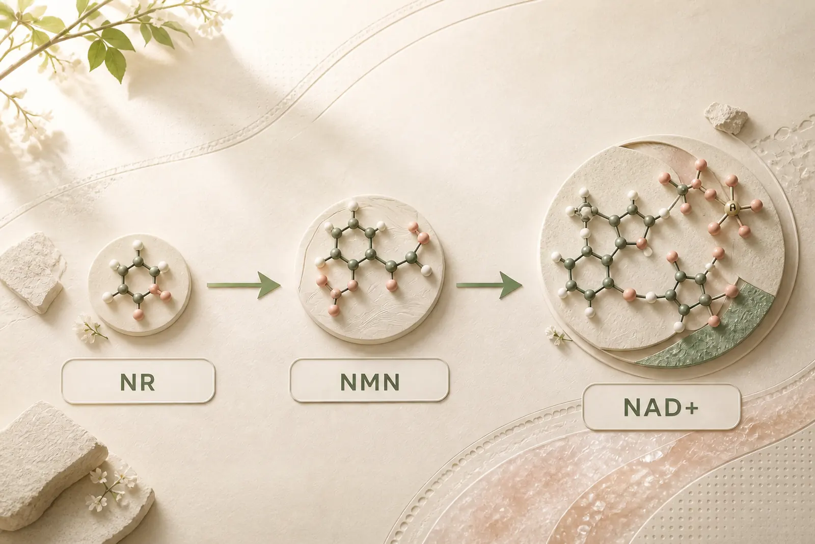 Three molecular structures progress in order from NR to NMN to NAD+.