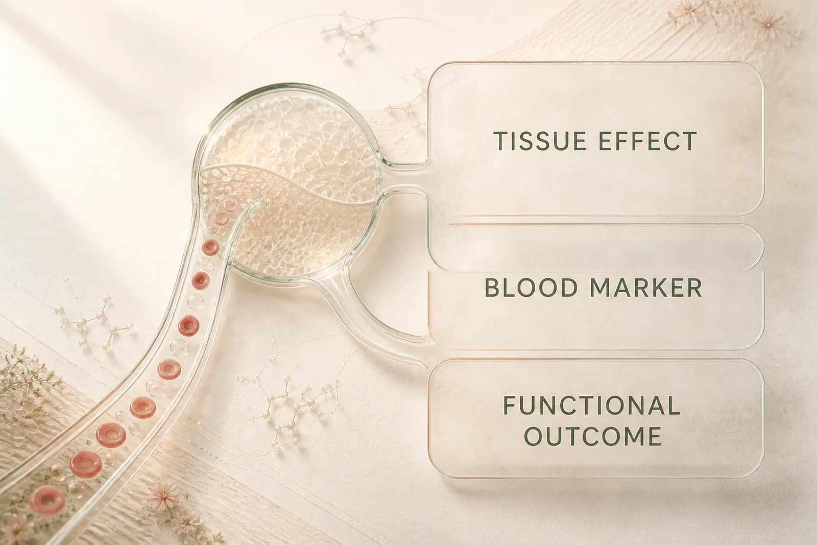 A blood-marker channel rises before branching toward unresolved tissue-effect and functional-outcome panels.