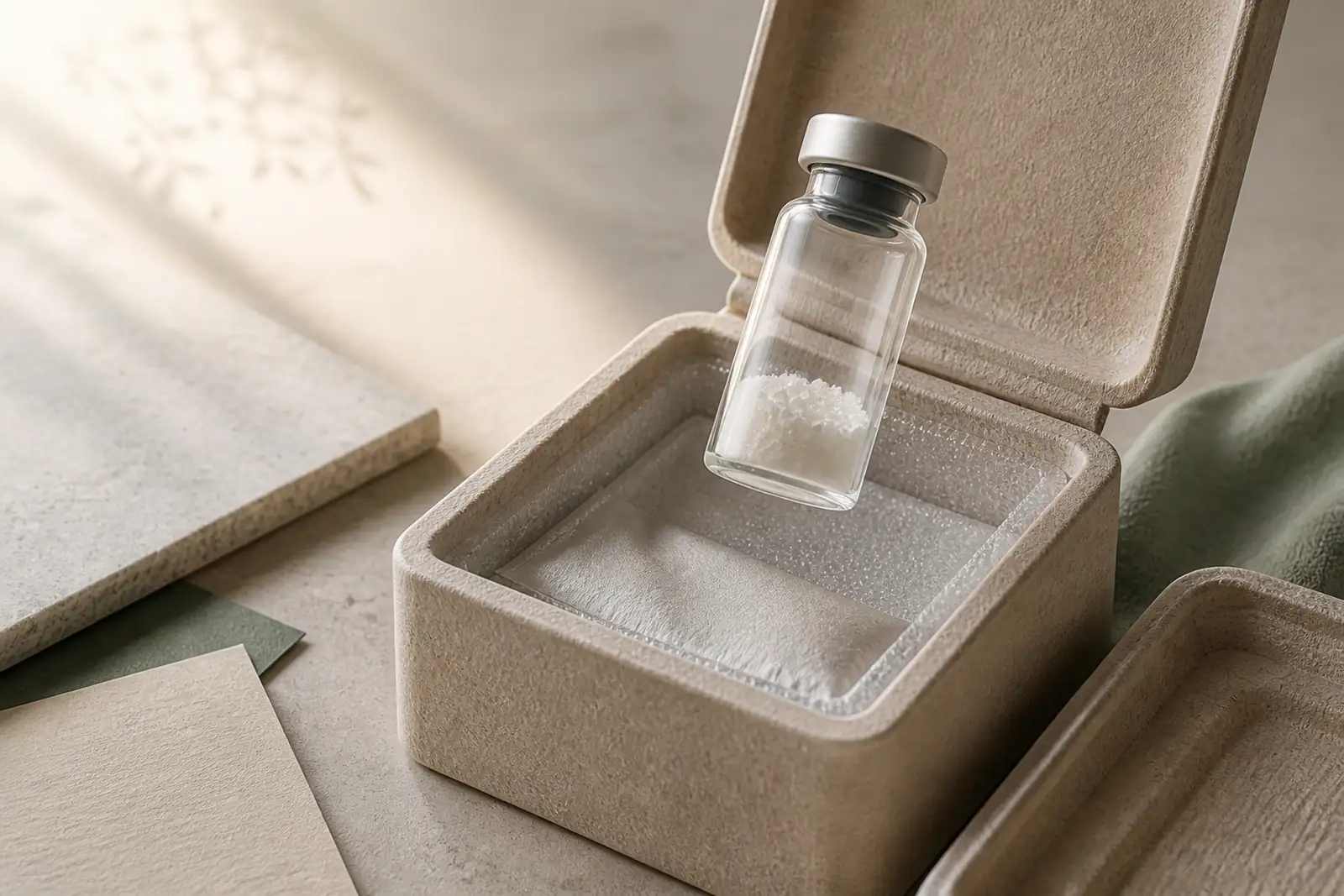 A sealed vial with visible lyophilised material emerges from an opened insulated cold-chain case.