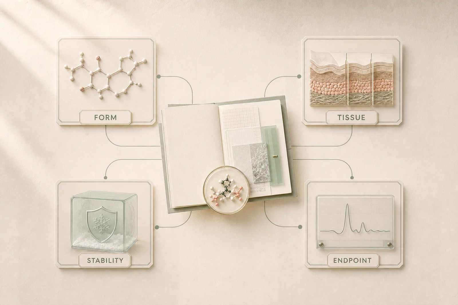 A central research dossier connects four panels for form, tissue, stability and endpoint.