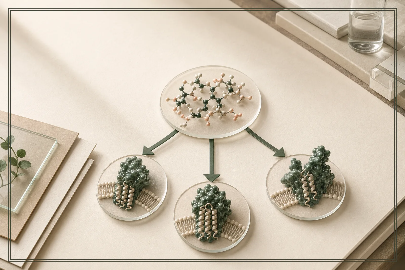 One molecular form branches into three distinct receptor structures on a cream research tableau.