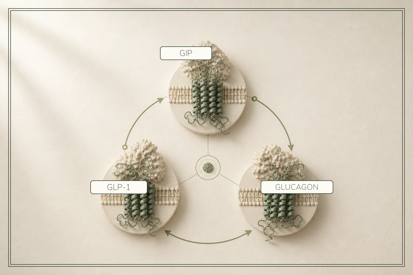 GIP, GLP-1 and glucagon receptor models form an equal three-part circuit.