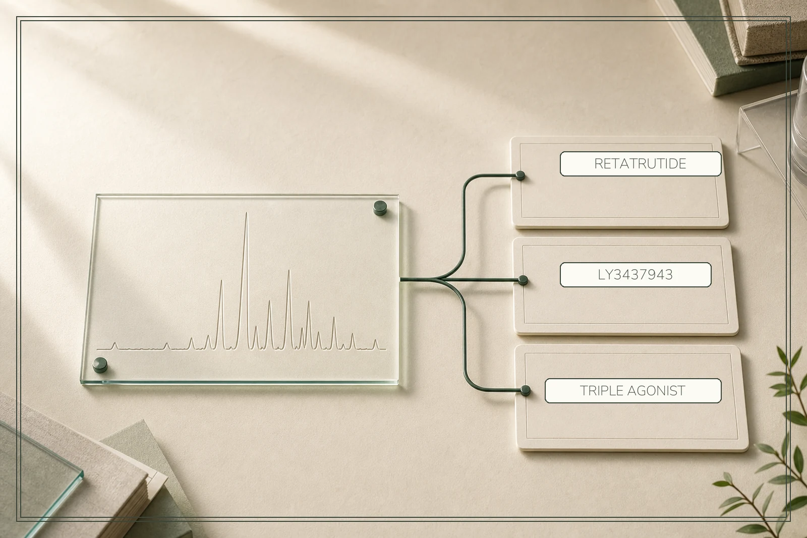 One analytical fingerprint branches to cards labelled Retatrutide, LY3437943 and Triple Agonist.