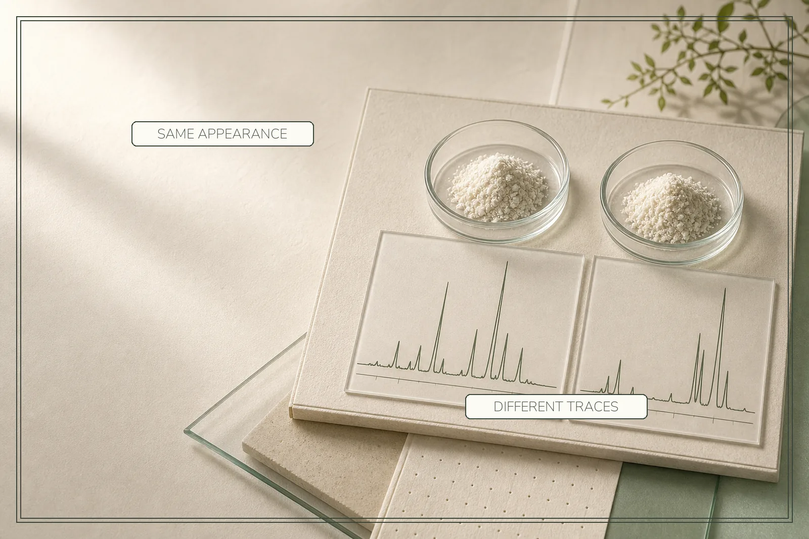 Two matching powder samples sit above analytical traces with clearly different peak patterns.