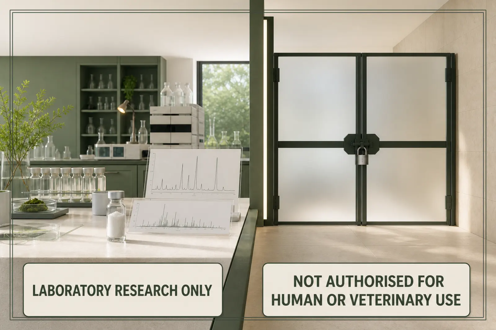 A documented research vial sits in an open laboratory zone beside a locked boundary marked not authorised for human or veterinary use.